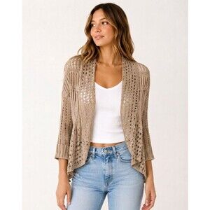 Yarn Art Women's Medium Tan Open Front Cardigan Sweater Crochet Made in USA